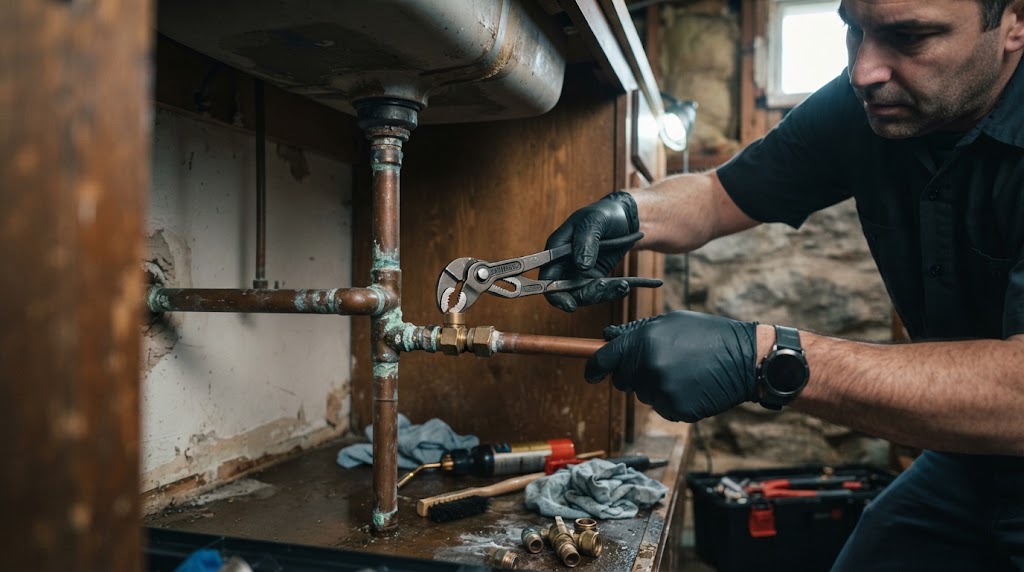 Technician detecting slab leak